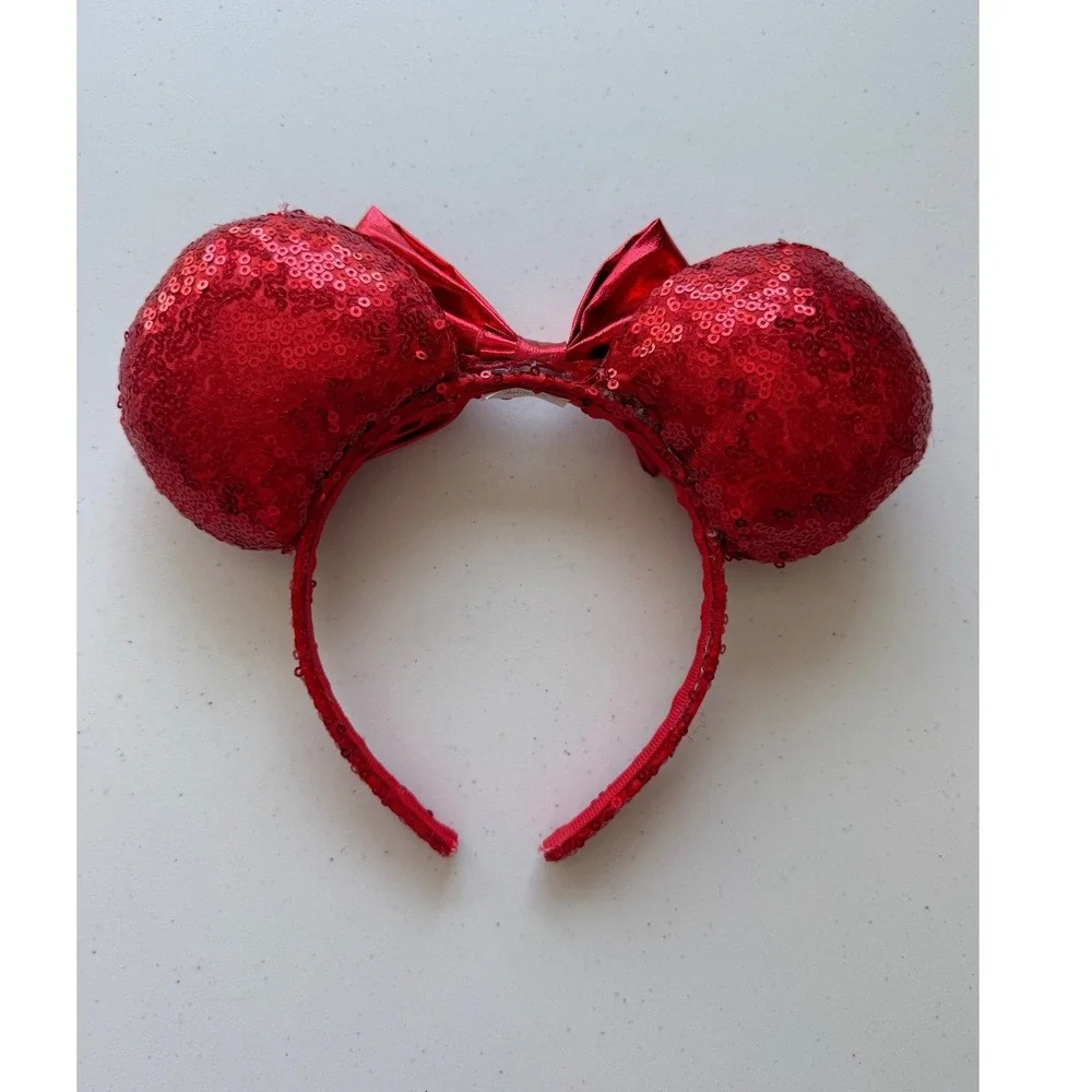 Disney Parks Solid Red Sparkle Sequins Minnie Mouse Ears Headband Vacation